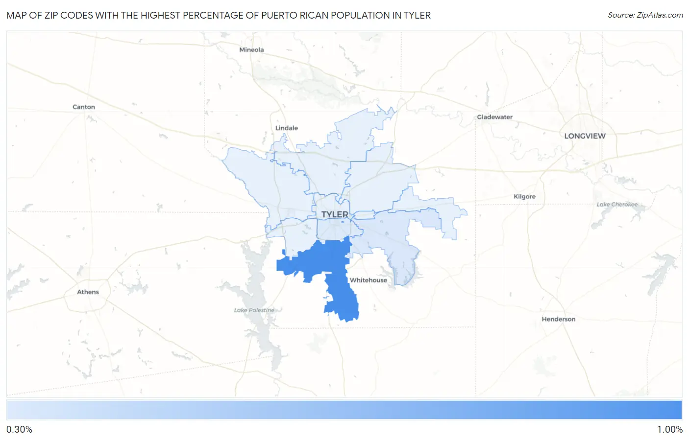 Zip Codes with the Highest Percentage of Puerto Rican Population in Tyler Map