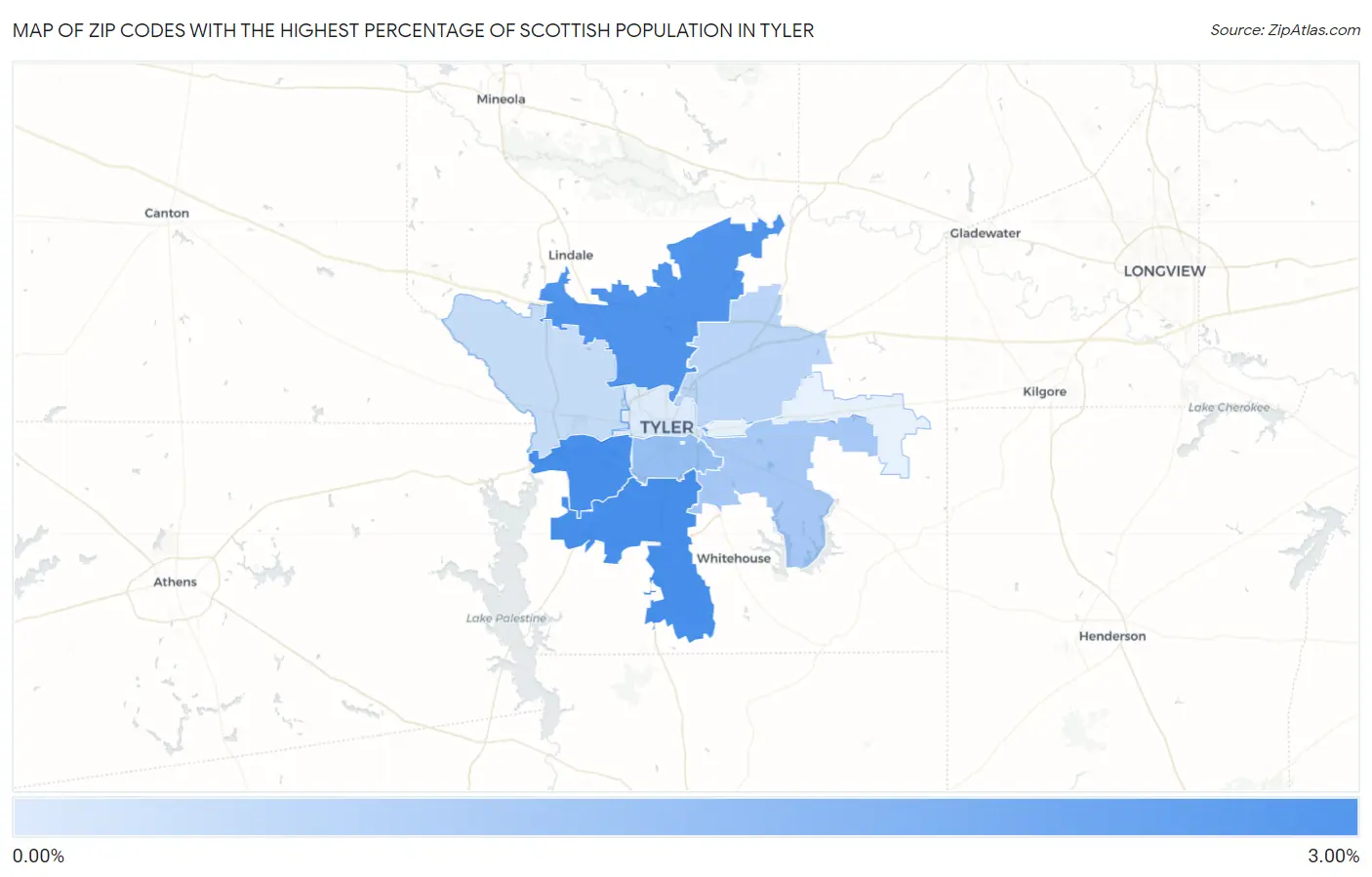 Zip Codes with the Highest Percentage of Scottish Population in Tyler Map