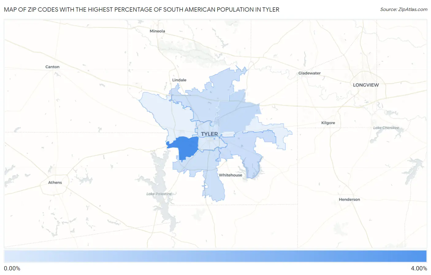 Zip Codes with the Highest Percentage of South American Population in Tyler Map