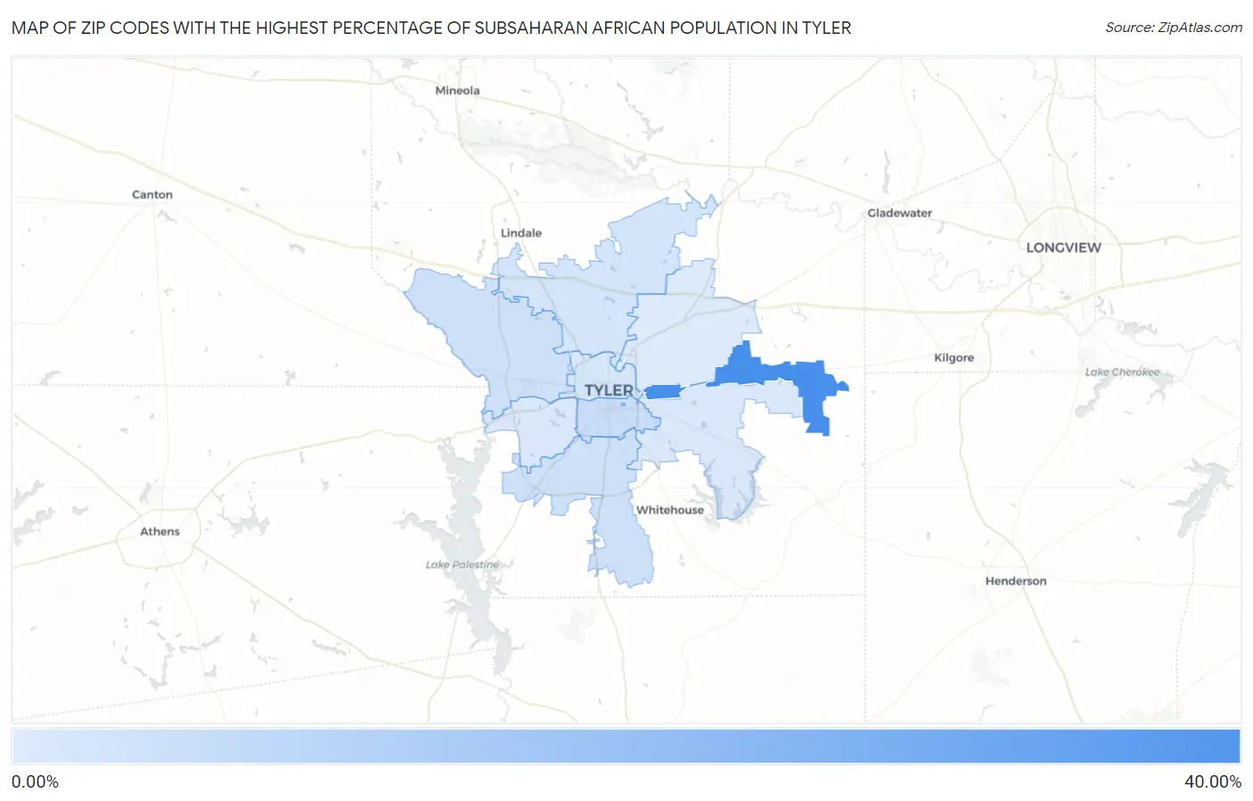 Zip Codes with the Highest Percentage of Subsaharan African Population in Tyler Map