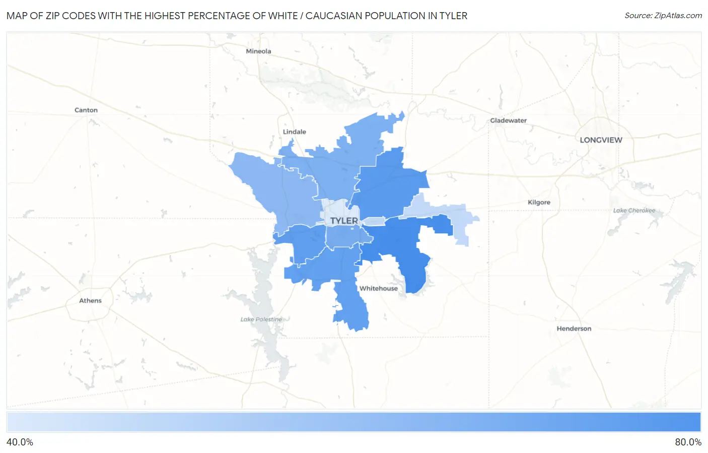 Zip Codes with the Highest Percentage of White / Caucasian Population in Tyler Map