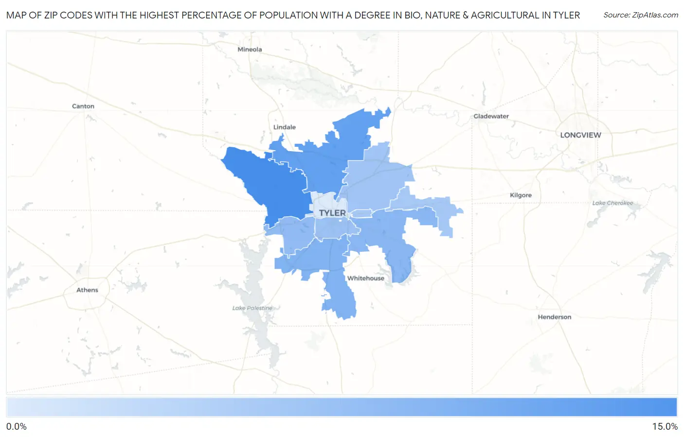 Zip Codes with the Highest Percentage of Population with a Degree in Bio, Nature & Agricultural in Tyler Map