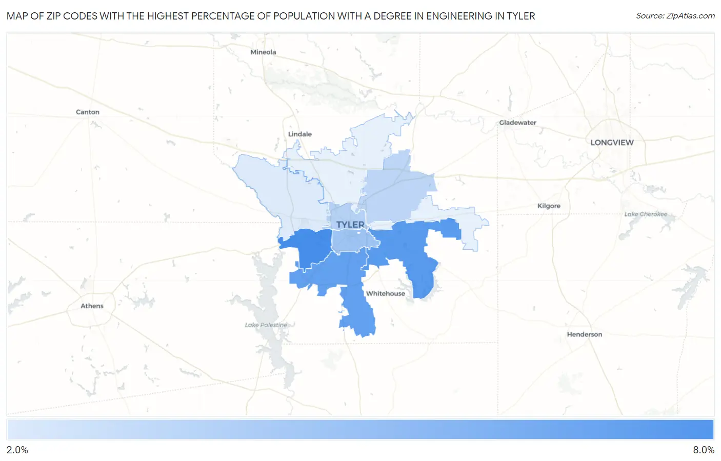 Zip Codes with the Highest Percentage of Population with a Degree in Engineering in Tyler Map