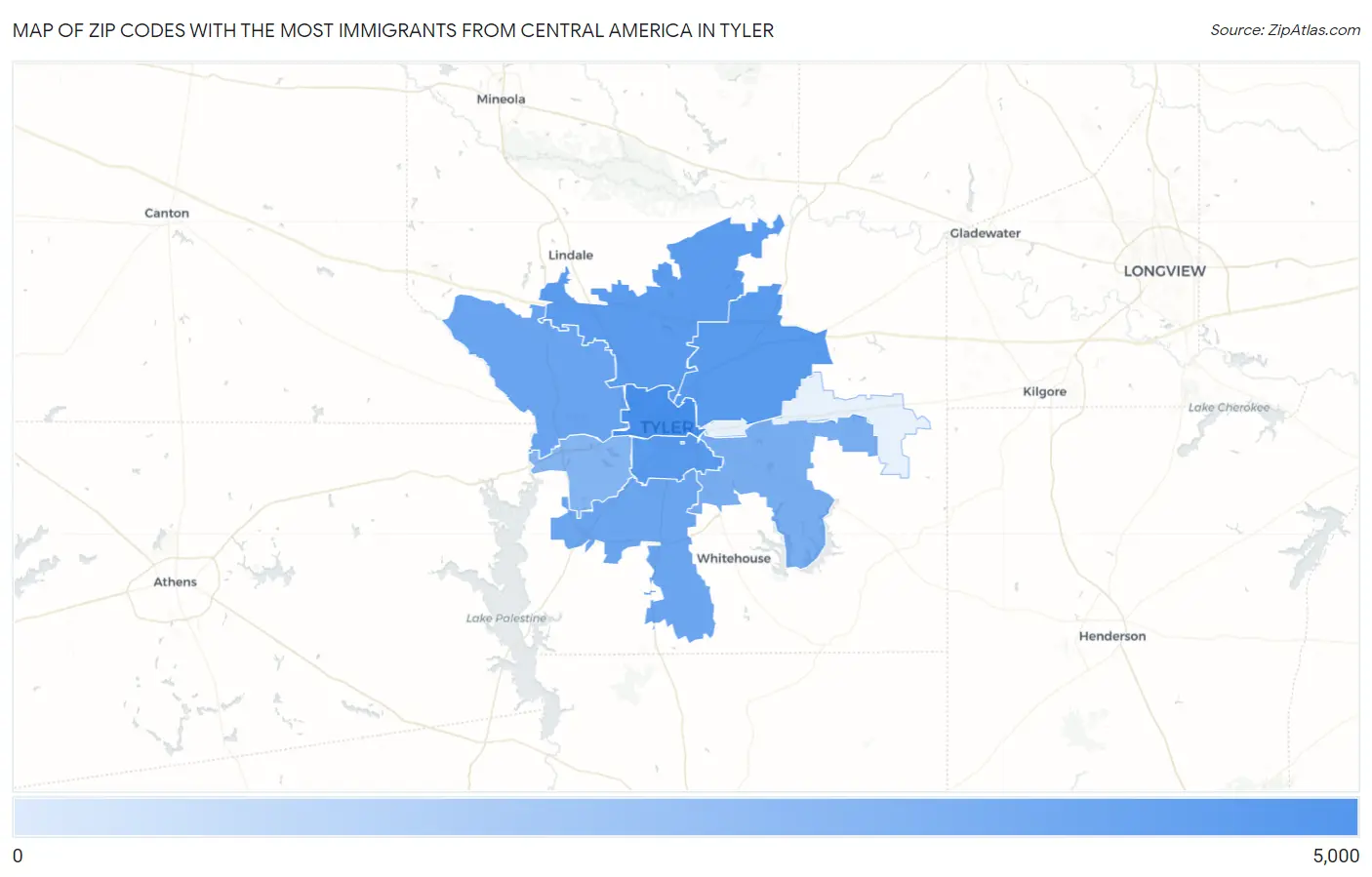 Zip Codes with the Most Immigrants from Central America in Tyler Map