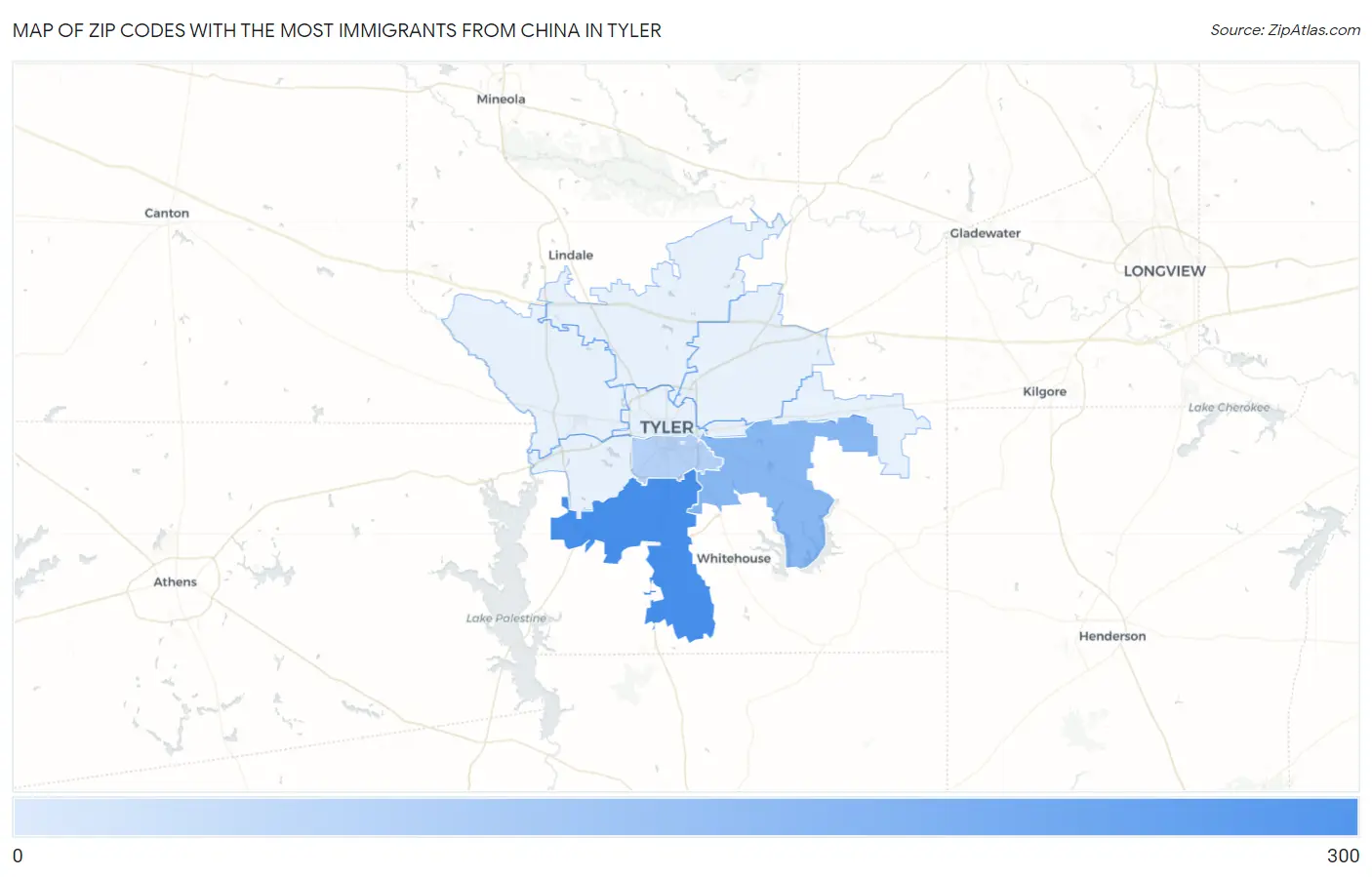 Zip Codes with the Most Immigrants from China in Tyler Map
