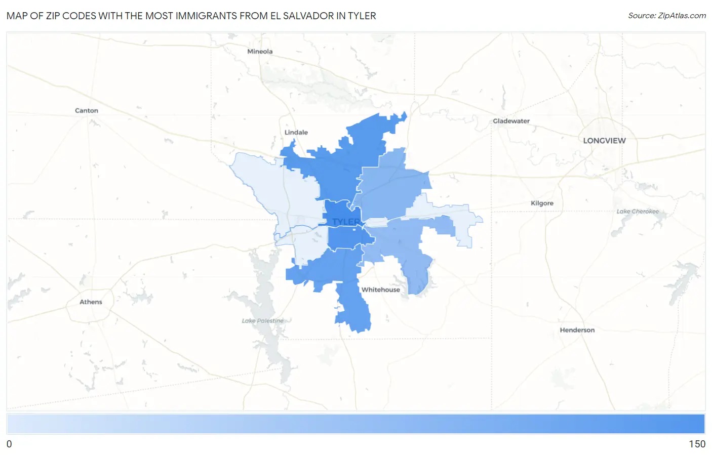 Zip Codes with the Most Immigrants from El Salvador in Tyler Map