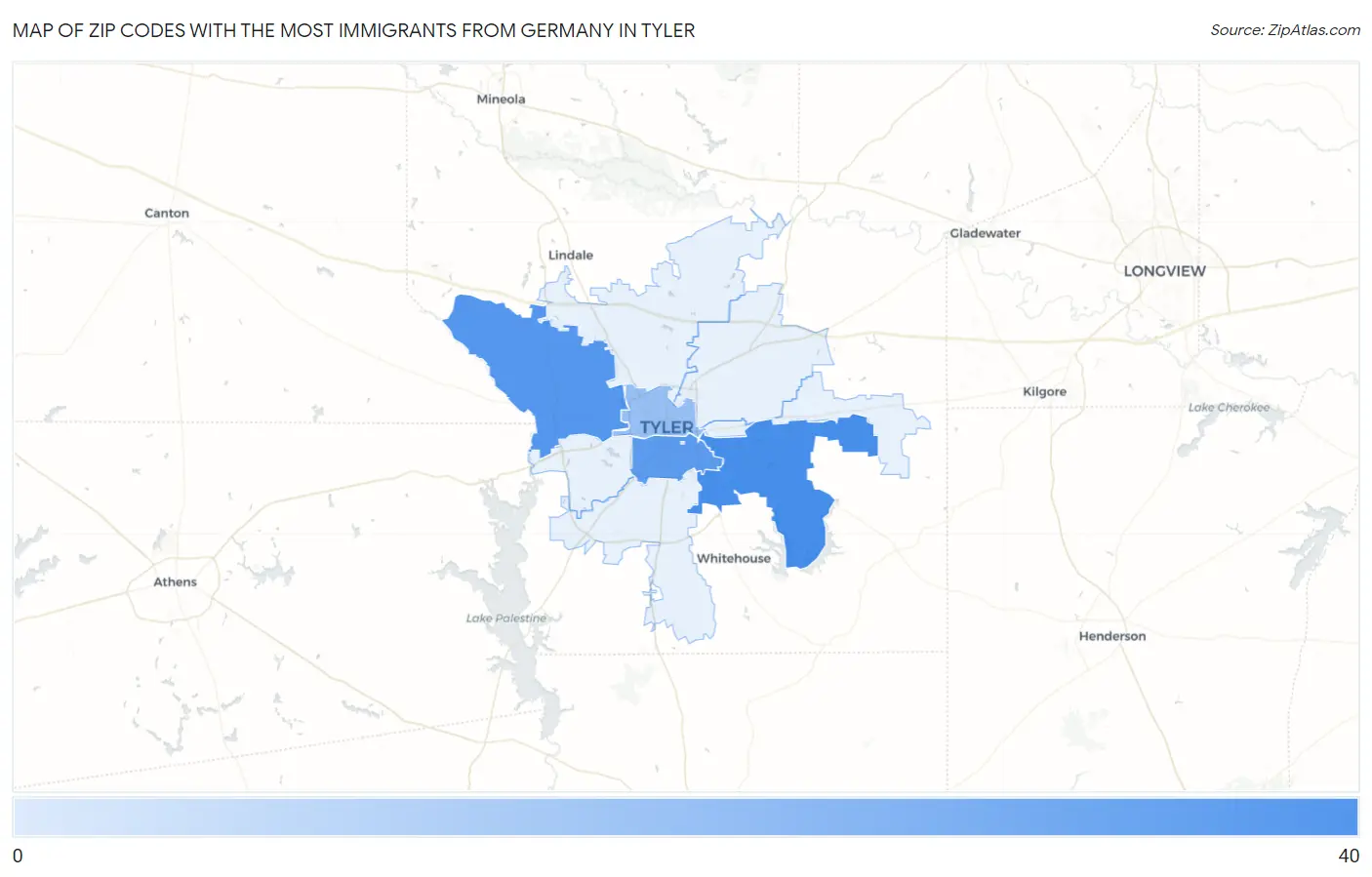 Zip Codes with the Most Immigrants from Germany in Tyler Map