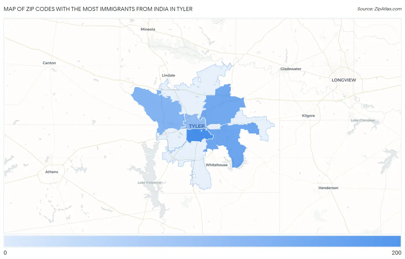 Zip Codes with the Most Immigrants from India in Tyler Map