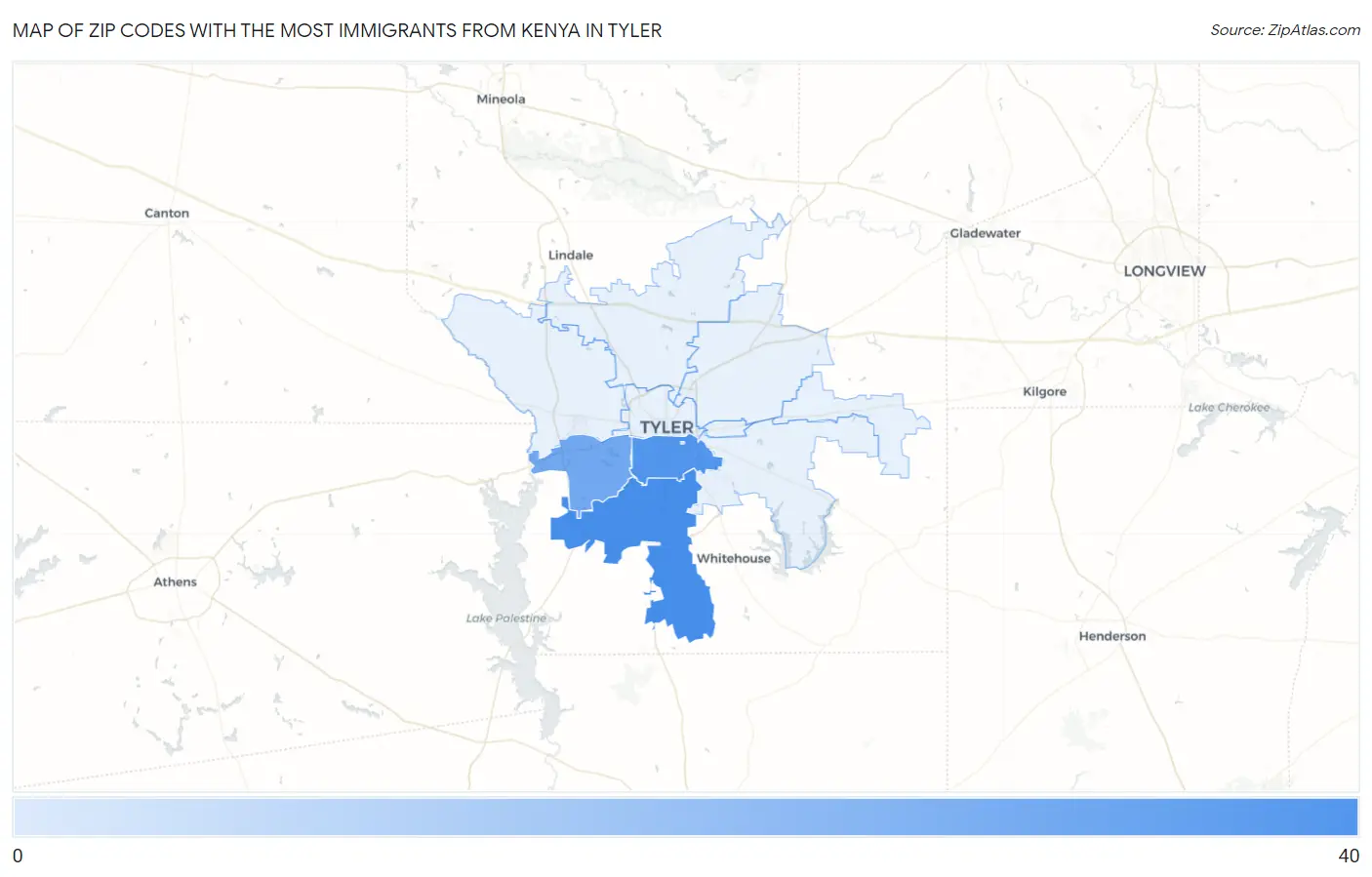 Zip Codes with the Most Immigrants from Kenya in Tyler Map