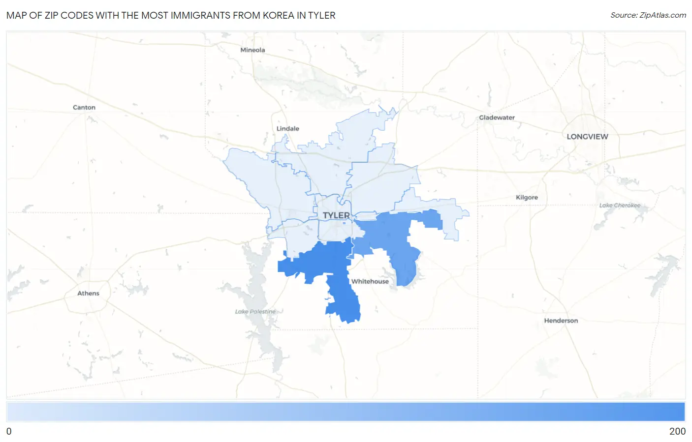 Zip Codes with the Most Immigrants from Korea in Tyler Map