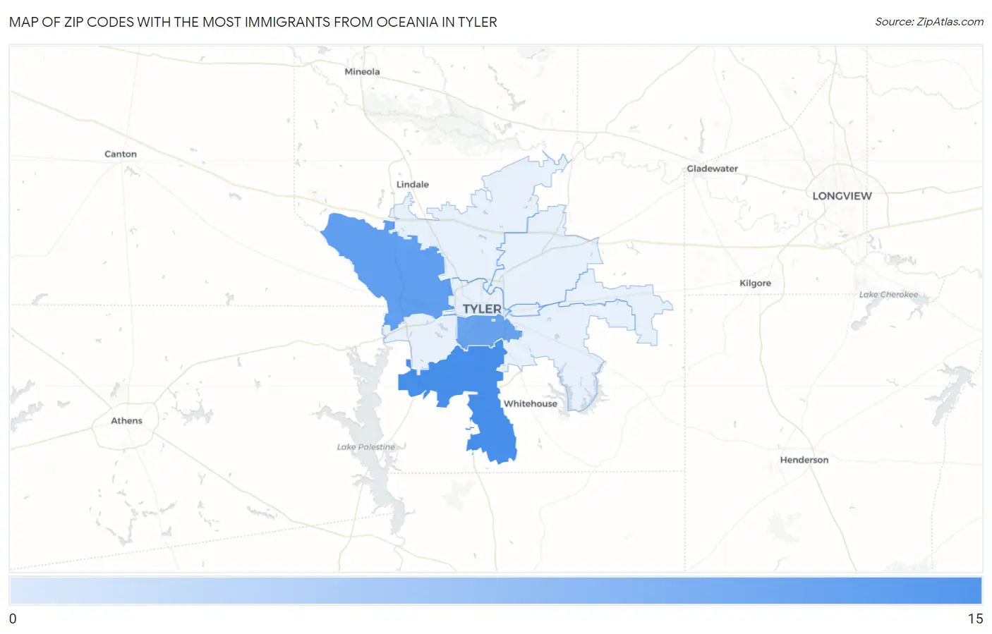 Zip Codes with the Most Immigrants from Oceania in Tyler Map