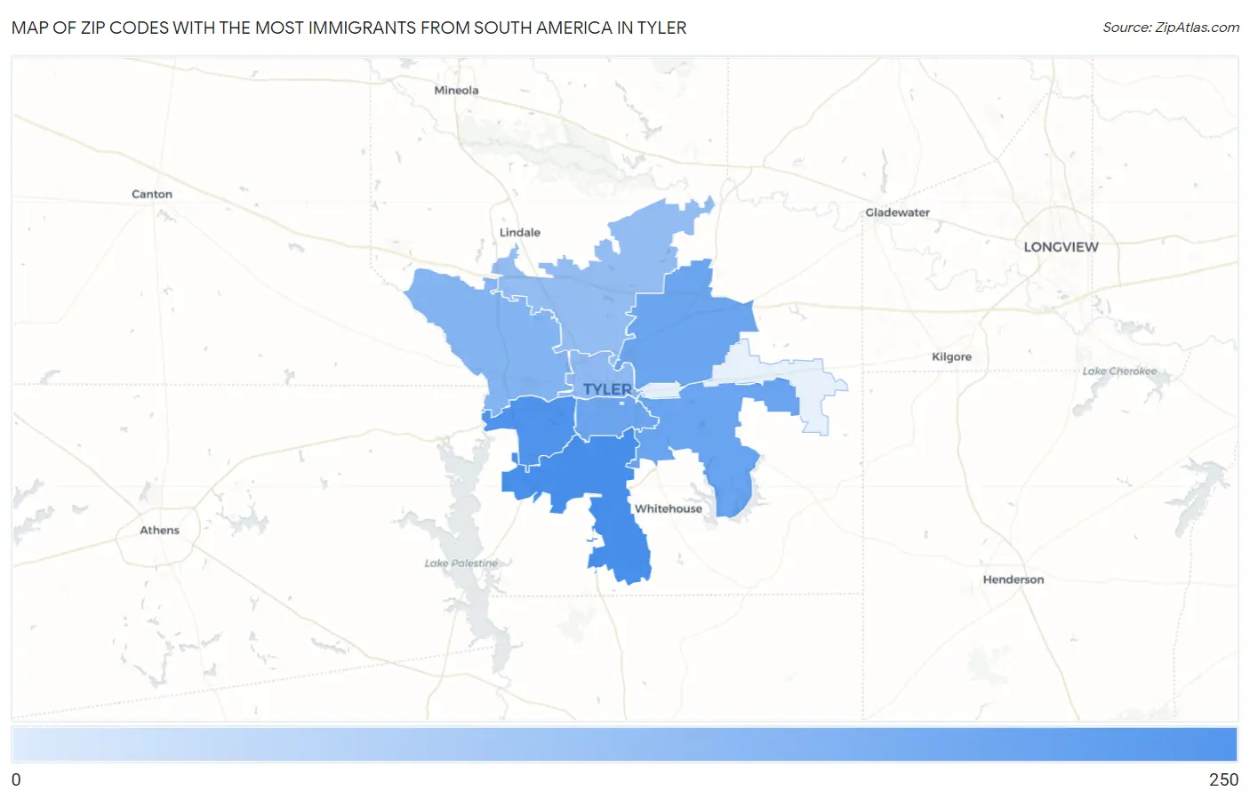 Zip Codes with the Most Immigrants from South America in Tyler Map