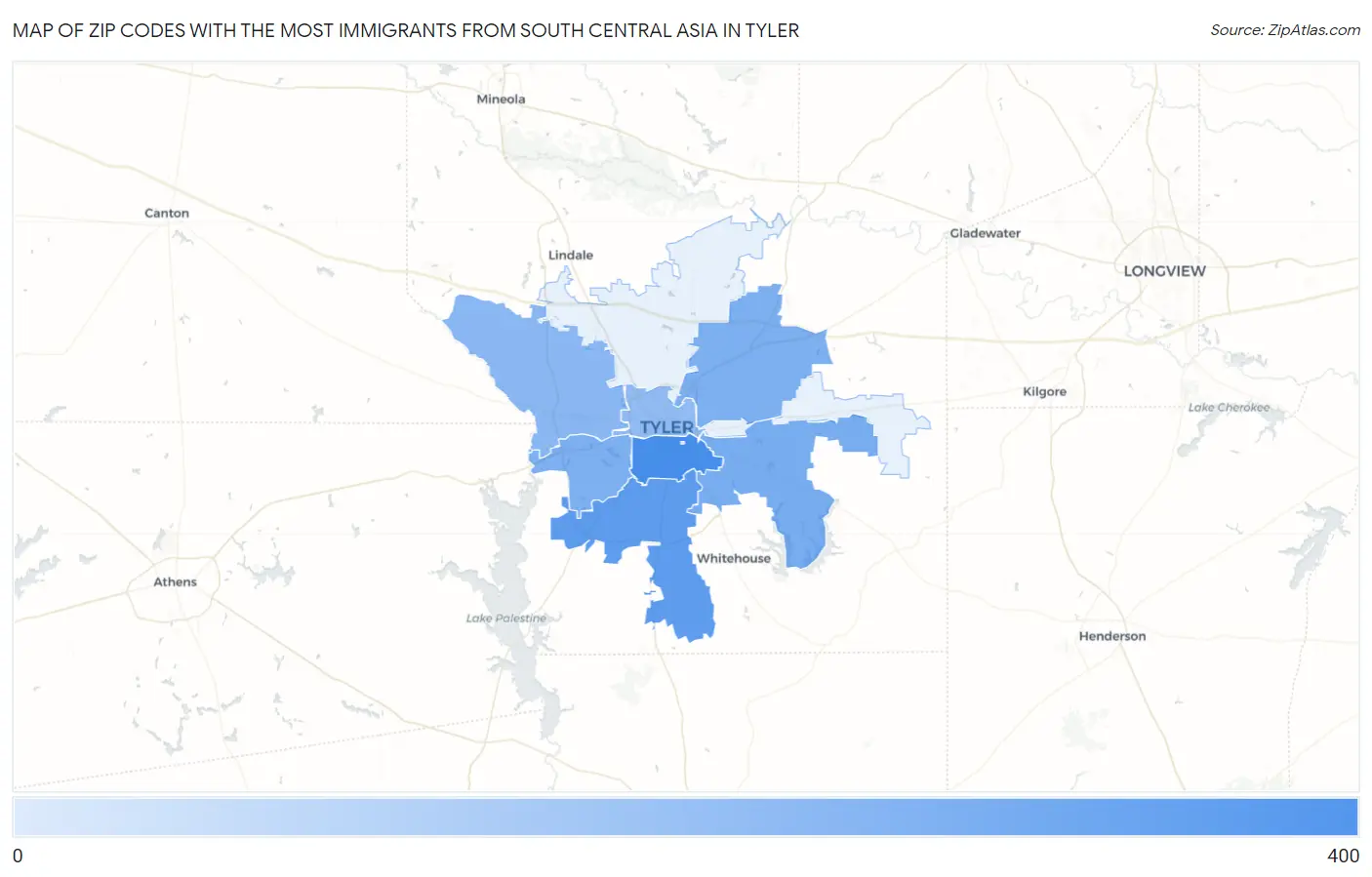 Zip Codes with the Most Immigrants from South Central Asia in Tyler Map