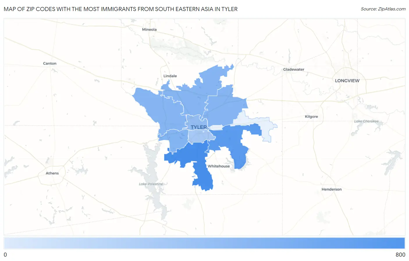 Zip Codes with the Most Immigrants from South Eastern Asia in Tyler Map