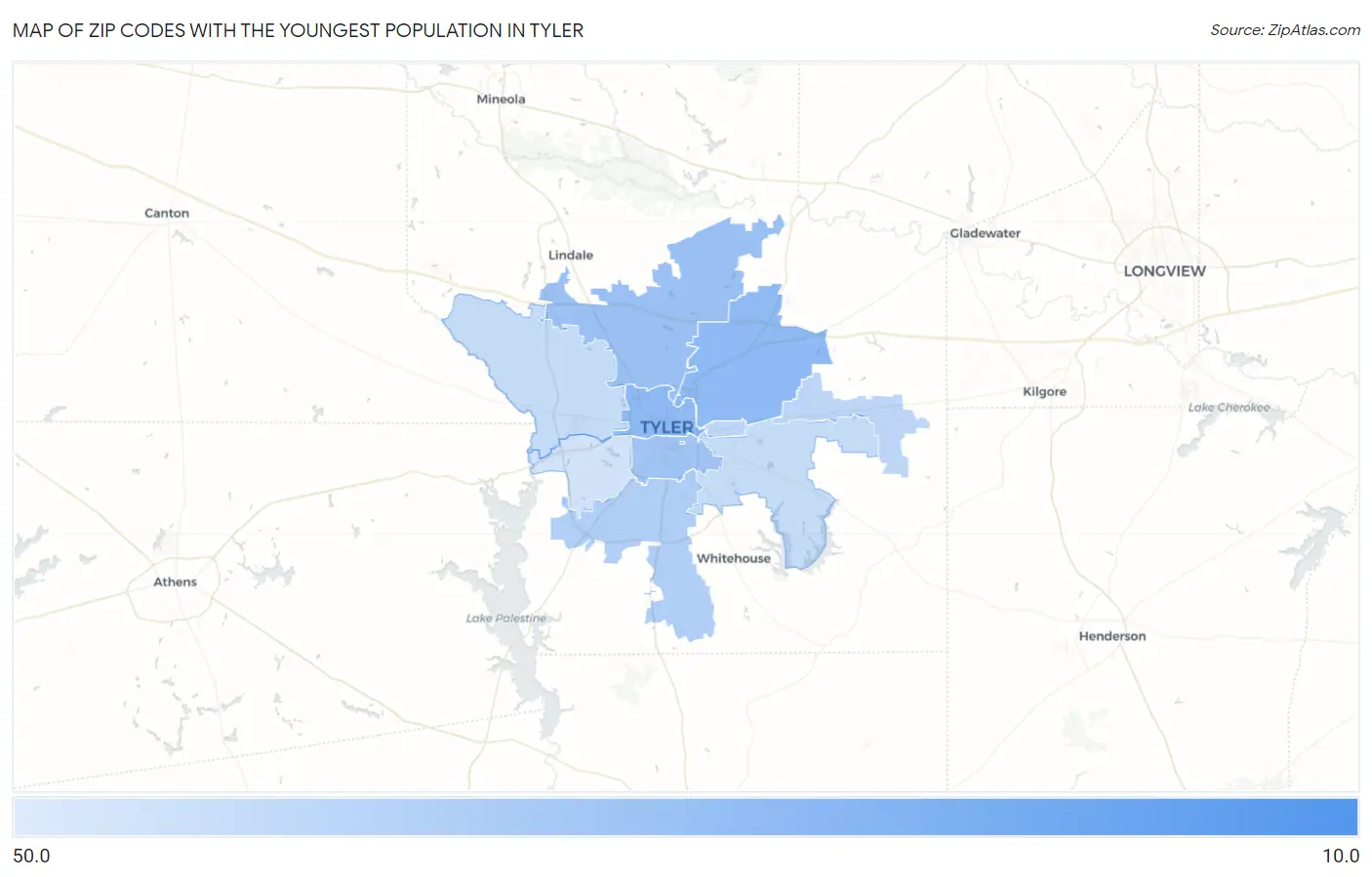 Zip Codes with the Youngest Population in Tyler Map