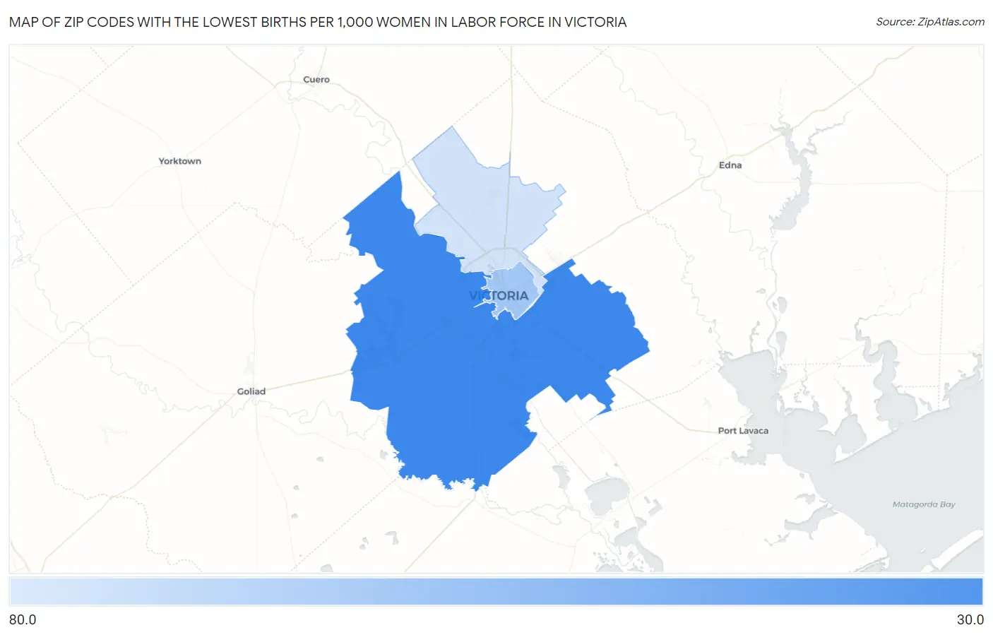 Zip Codes with the Lowest Births per 1,000 Women in Labor Force in Victoria Map