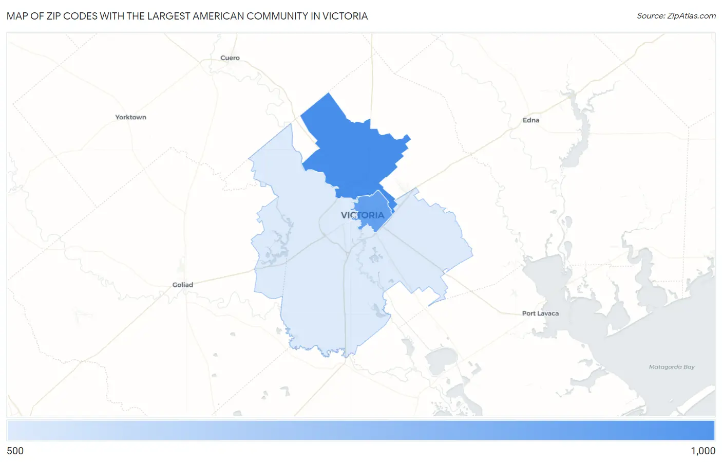 Zip Codes with the Largest American Community in Victoria Map