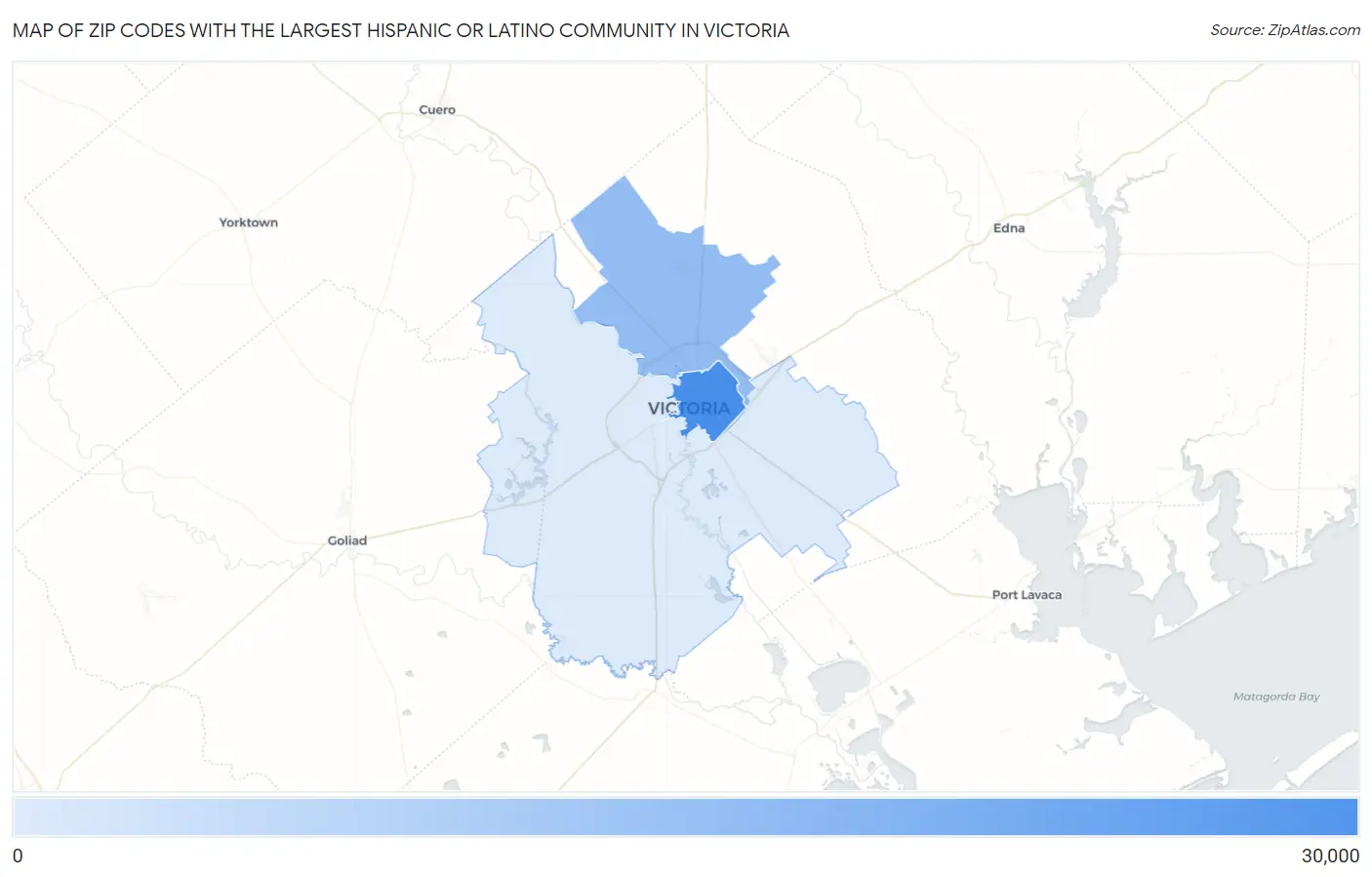 Zip Codes with the Largest Hispanic or Latino Community in Victoria Map