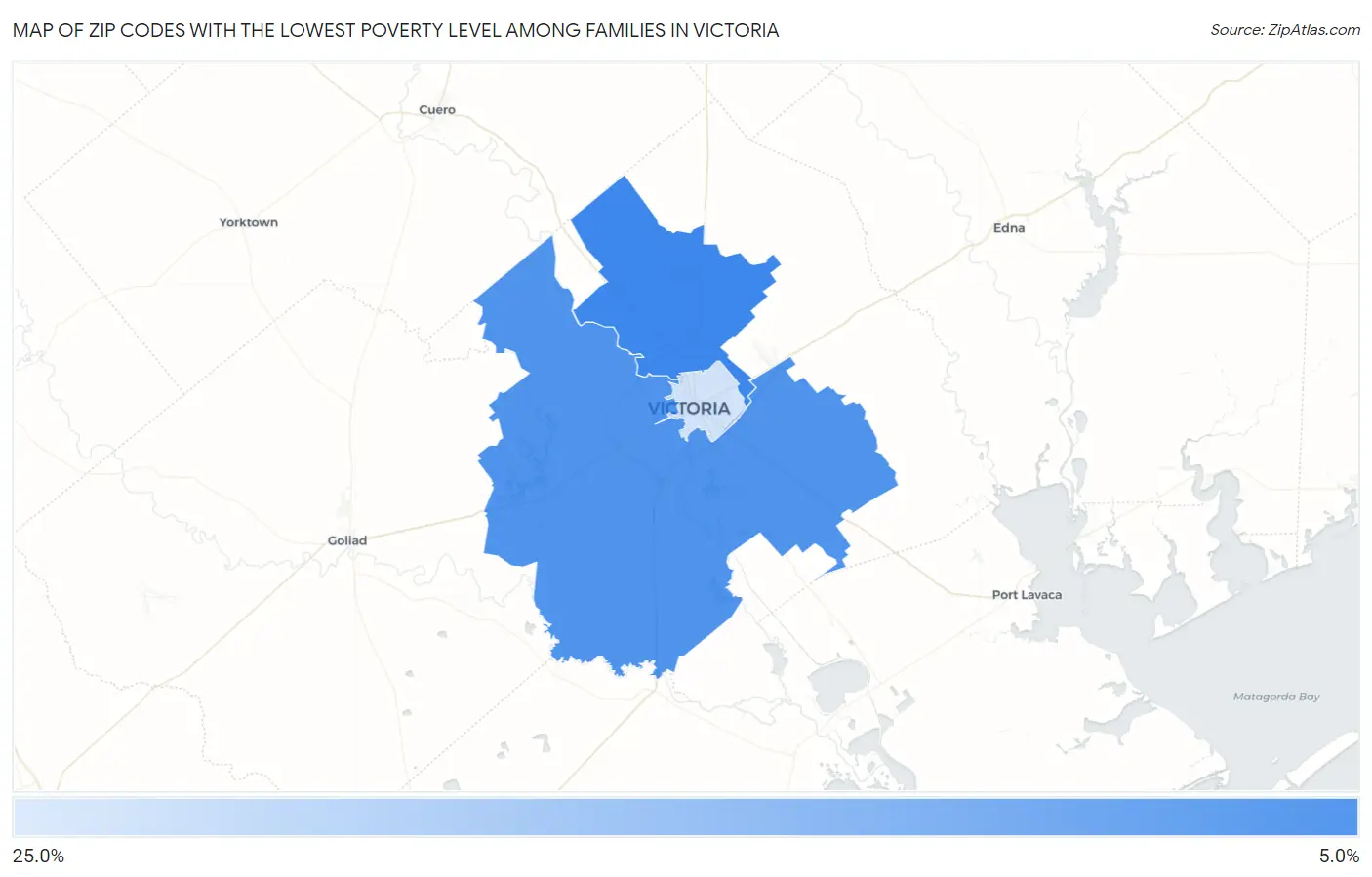 Zip Codes with the Lowest Poverty Level Among Families in Victoria Map