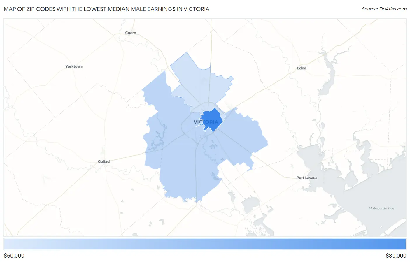 Zip Codes with the Lowest Median Male Earnings in Victoria Map