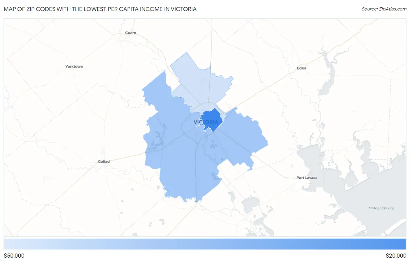 Zip Codes with the Lowest Per Capita Income in Victoria Map