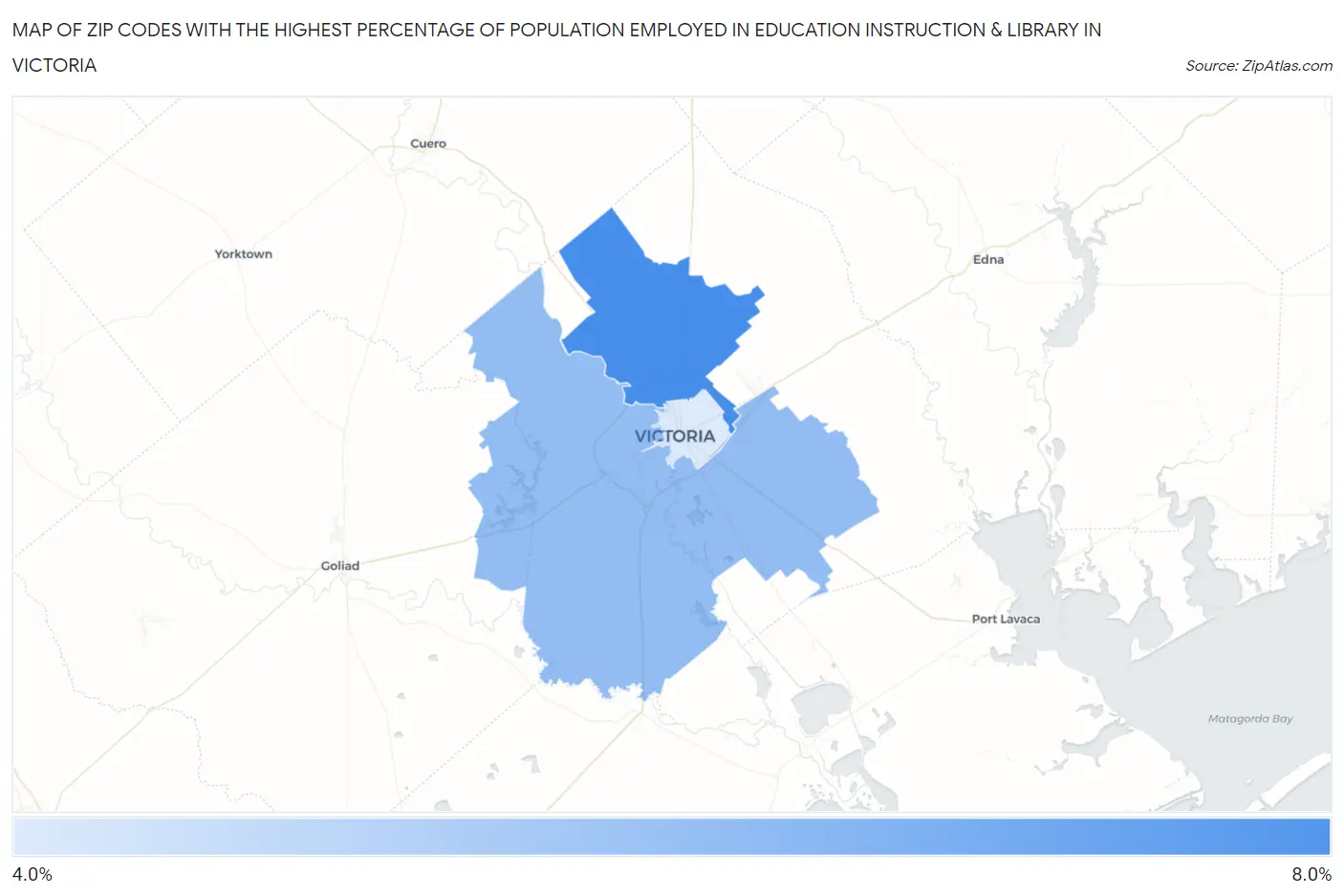 Zip Codes with the Highest Percentage of Population Employed in Education Instruction & Library in Victoria Map