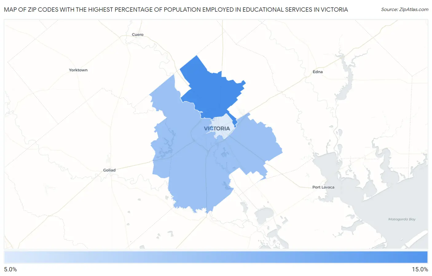 Zip Codes with the Highest Percentage of Population Employed in Educational Services in Victoria Map