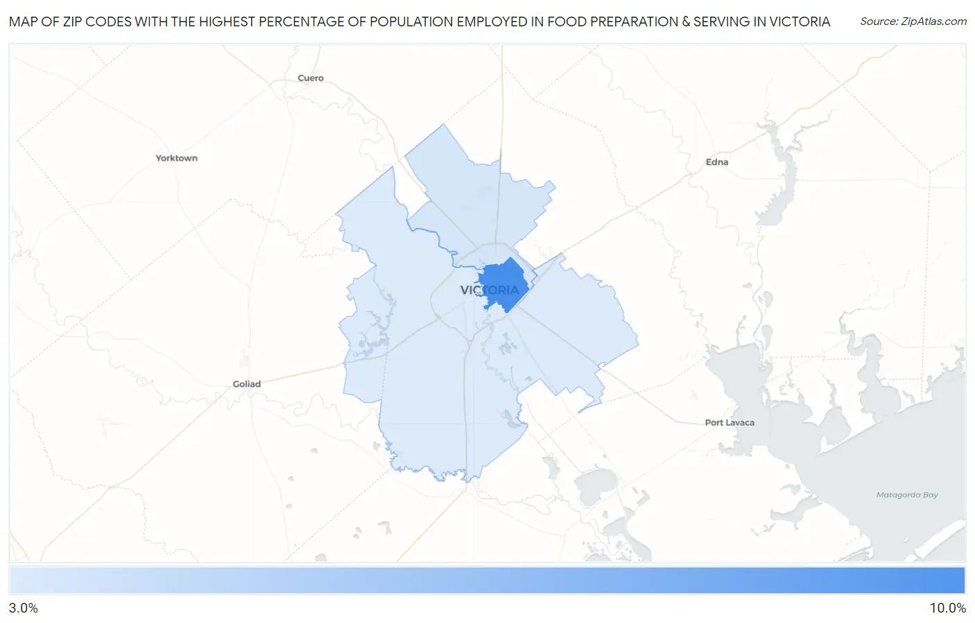 Zip Codes with the Highest Percentage of Population Employed in Food Preparation & Serving in Victoria Map