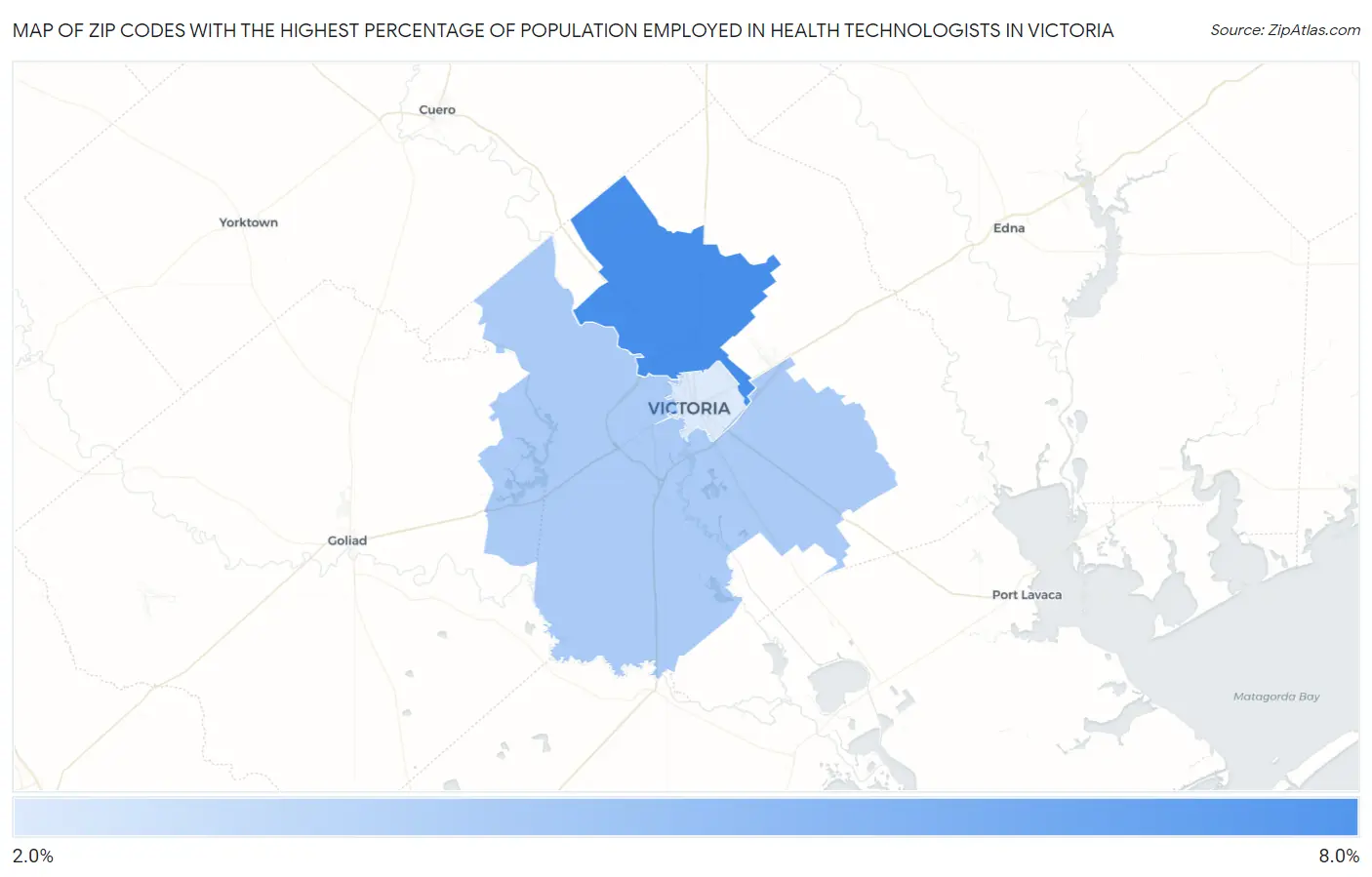 Zip Codes with the Highest Percentage of Population Employed in Health Technologists in Victoria Map