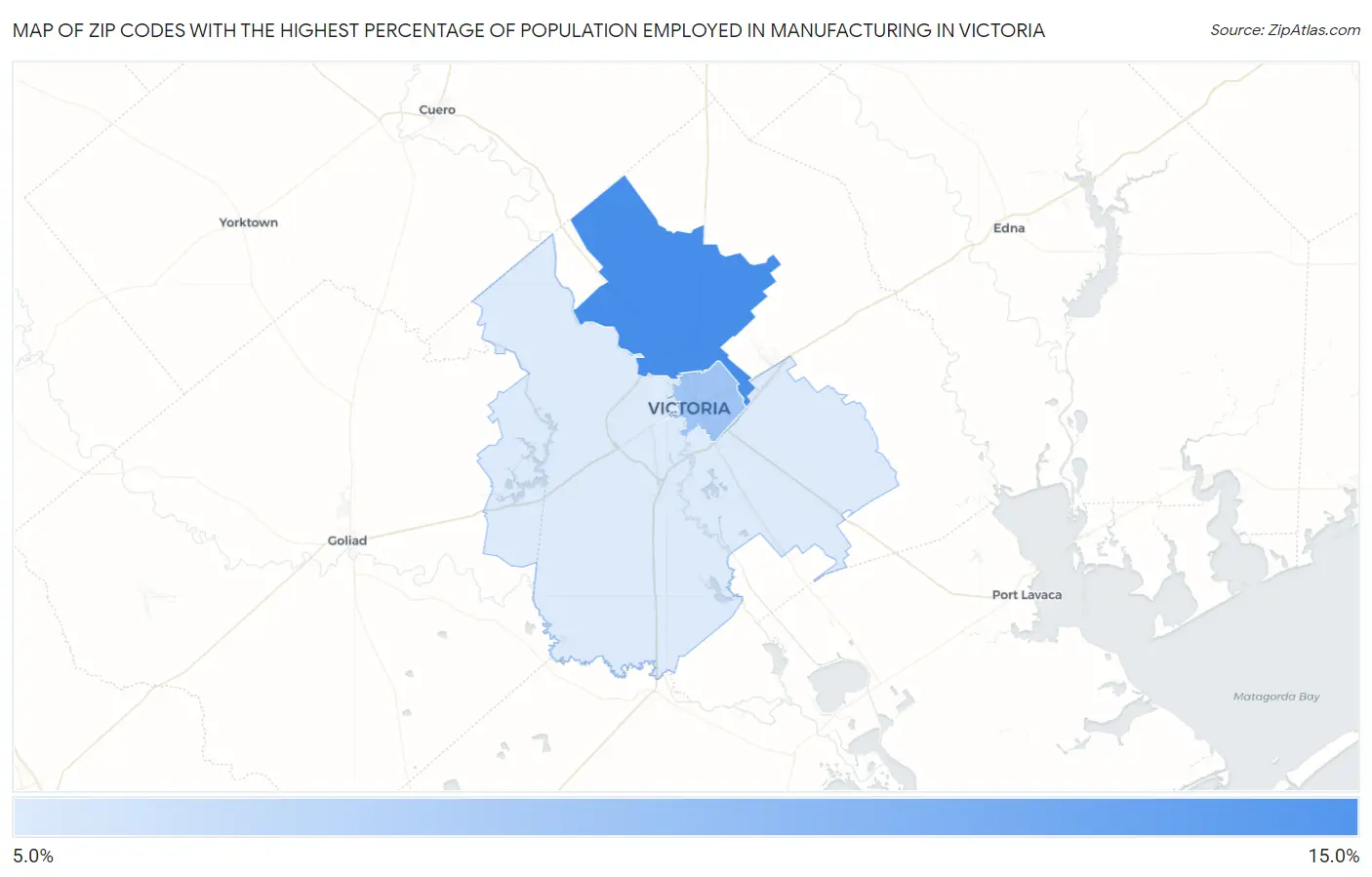 Zip Codes with the Highest Percentage of Population Employed in Manufacturing in Victoria Map