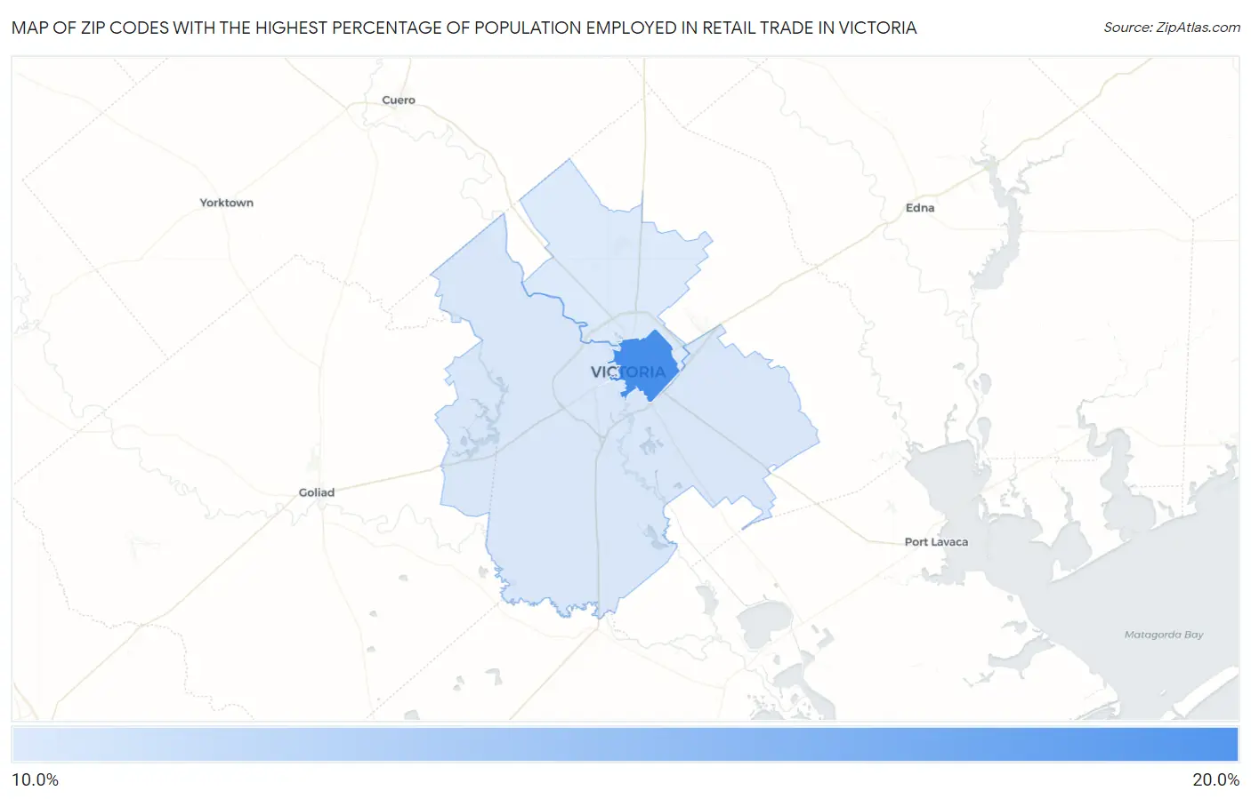 Zip Codes with the Highest Percentage of Population Employed in Retail Trade in Victoria Map