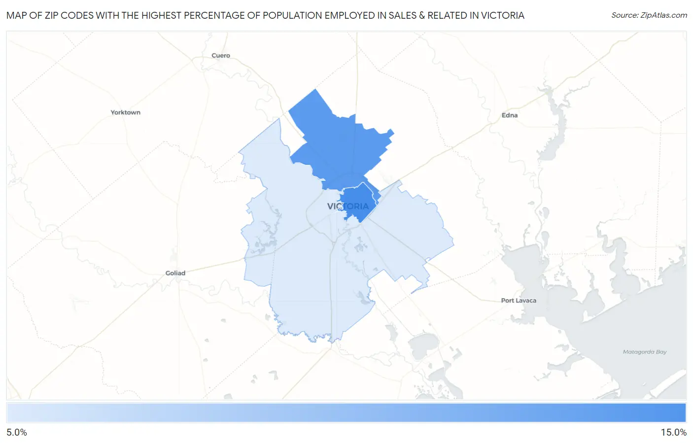 Zip Codes with the Highest Percentage of Population Employed in Sales & Related in Victoria Map
