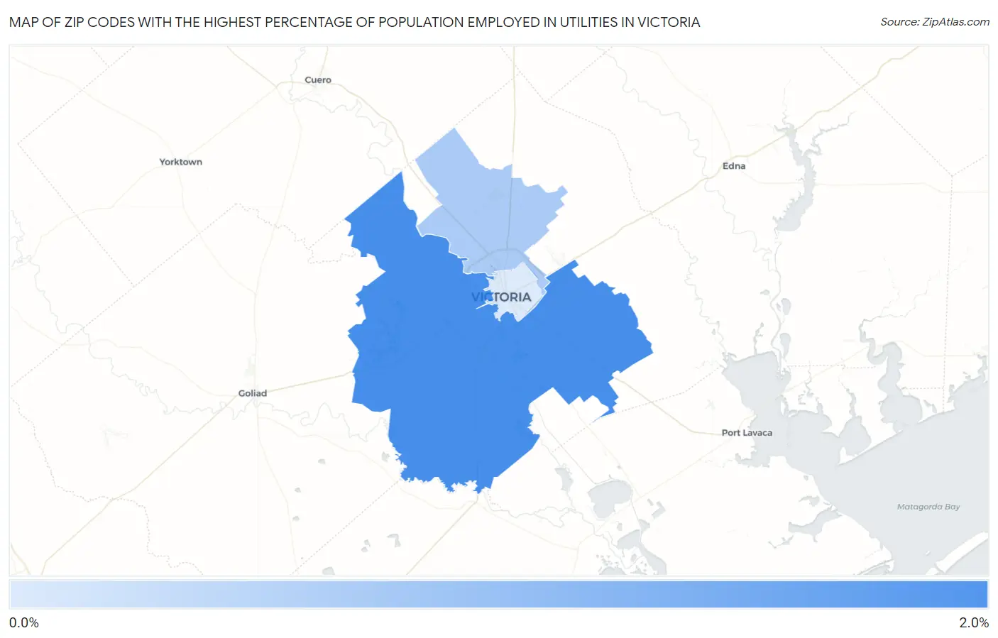 Zip Codes with the Highest Percentage of Population Employed in Utilities in Victoria Map