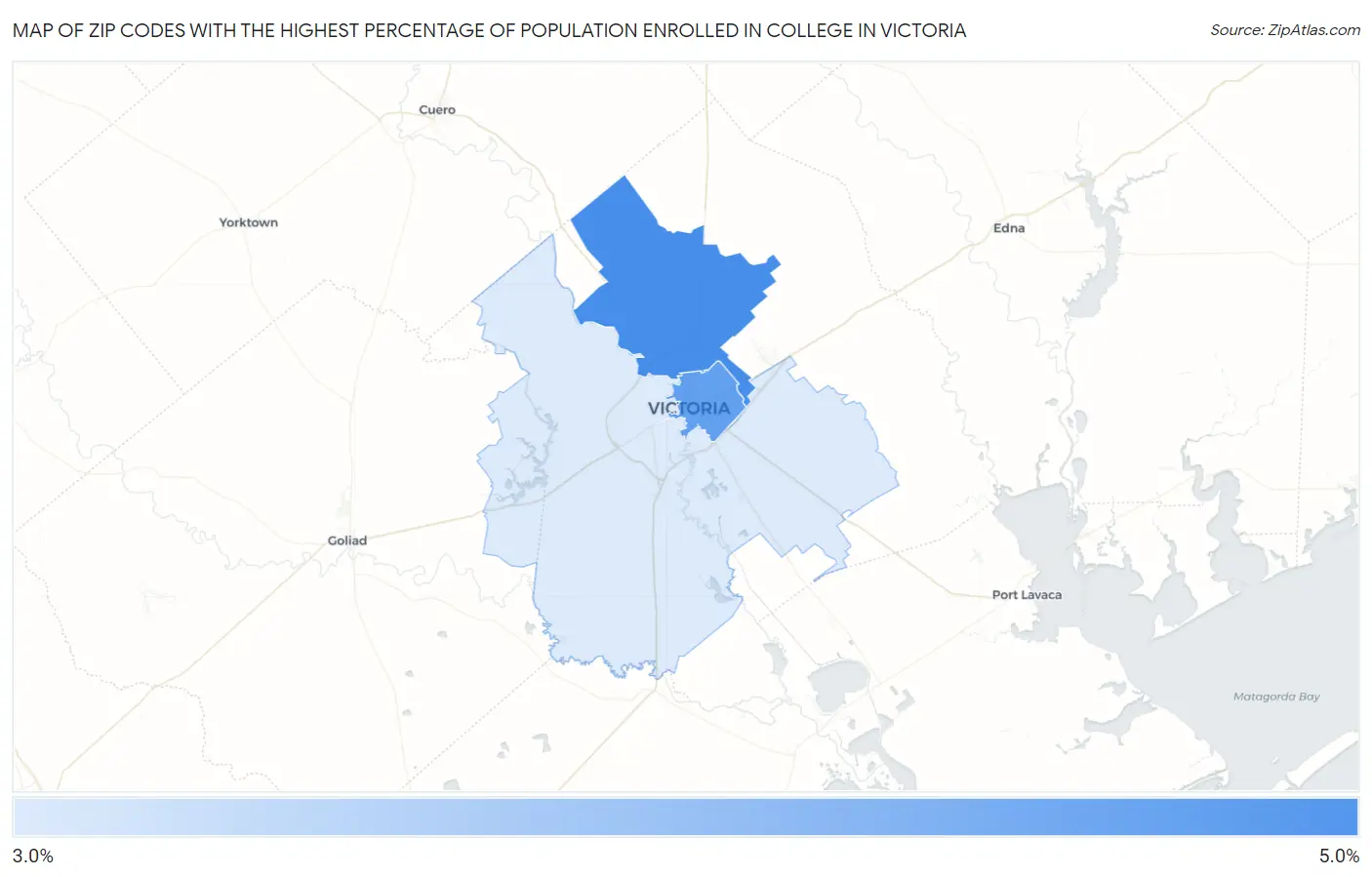 Zip Codes with the Highest Percentage of Population Enrolled in College in Victoria Map