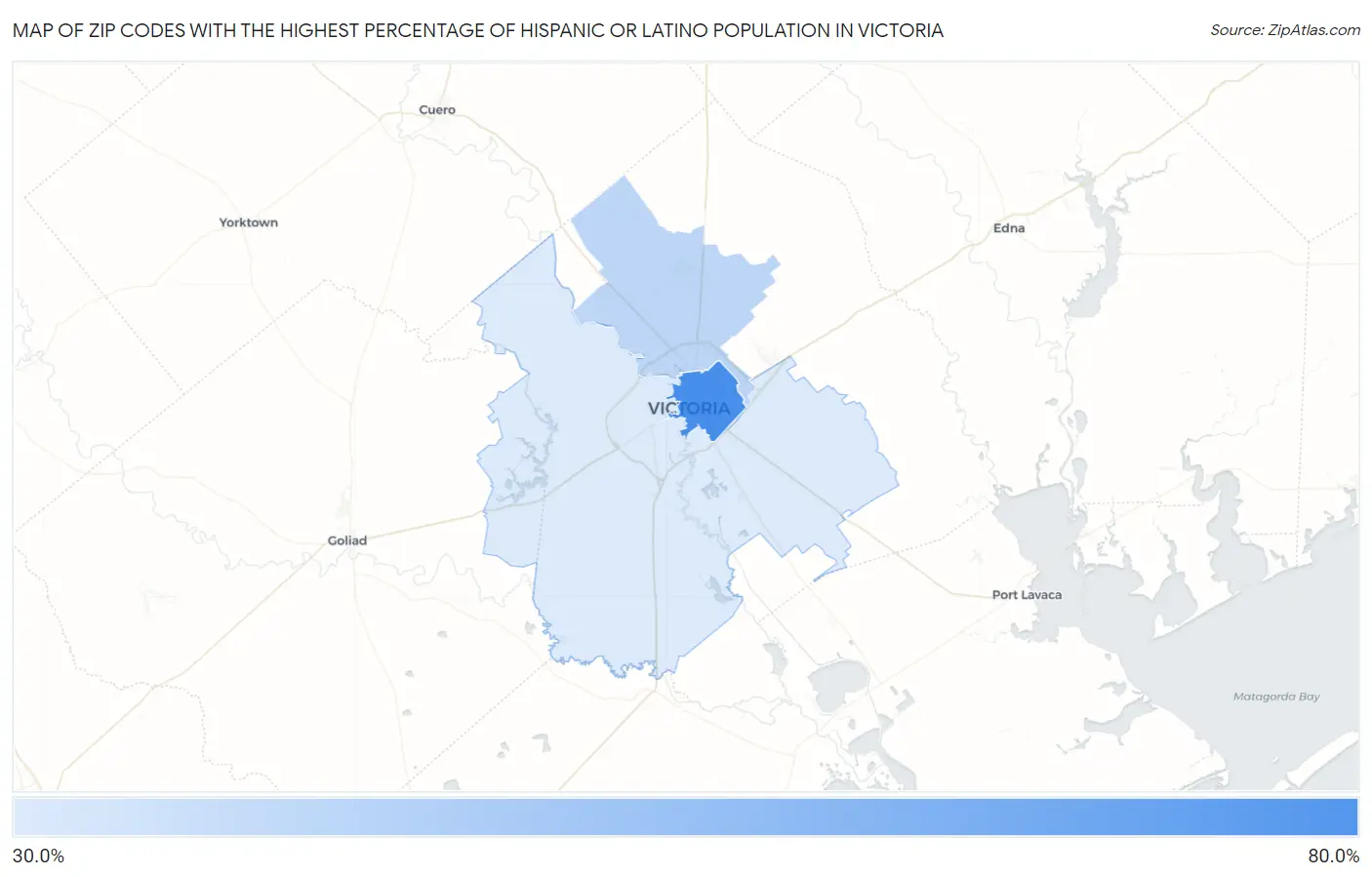 Zip Codes with the Highest Percentage of Hispanic or Latino Population in Victoria Map
