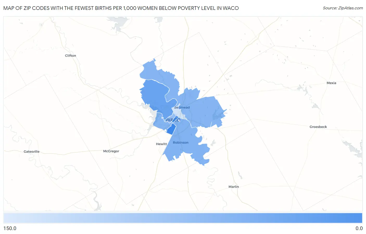 Zip Codes with the Fewest Births per 1,000 Women Below Poverty Level in Waco Map
