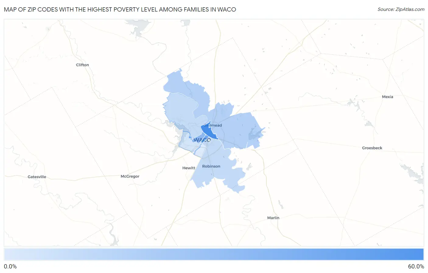 Zip Codes with the Highest Poverty Level Among Families in Waco Map