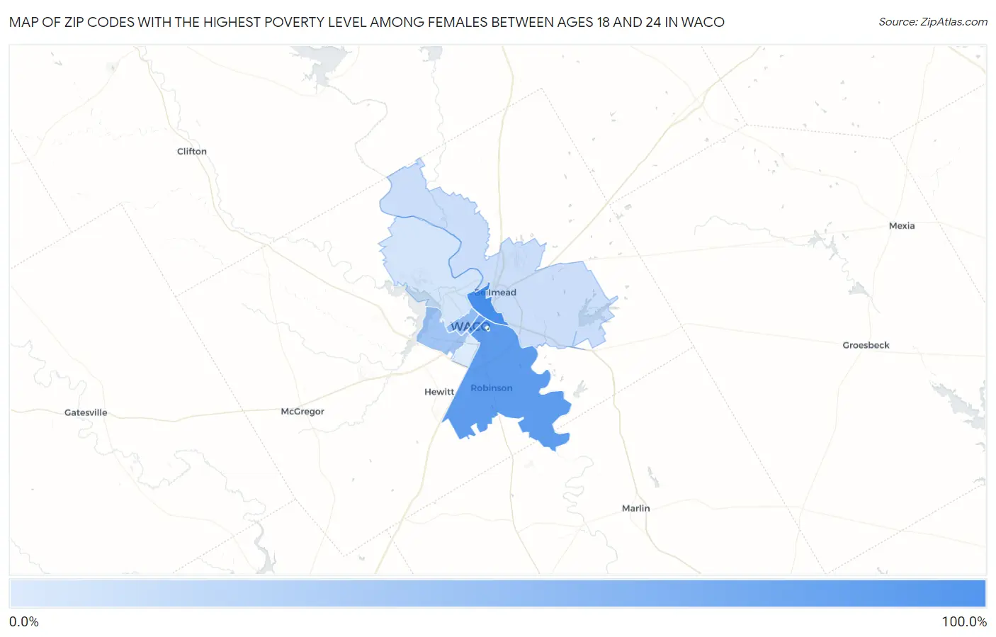 Zip Codes with the Highest Poverty Level Among Females Between Ages 18 and 24 in Waco Map
