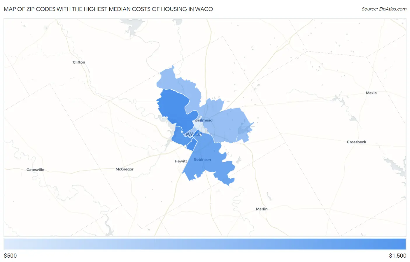 Zip Codes with the Highest Median Costs of Housing in Waco Map