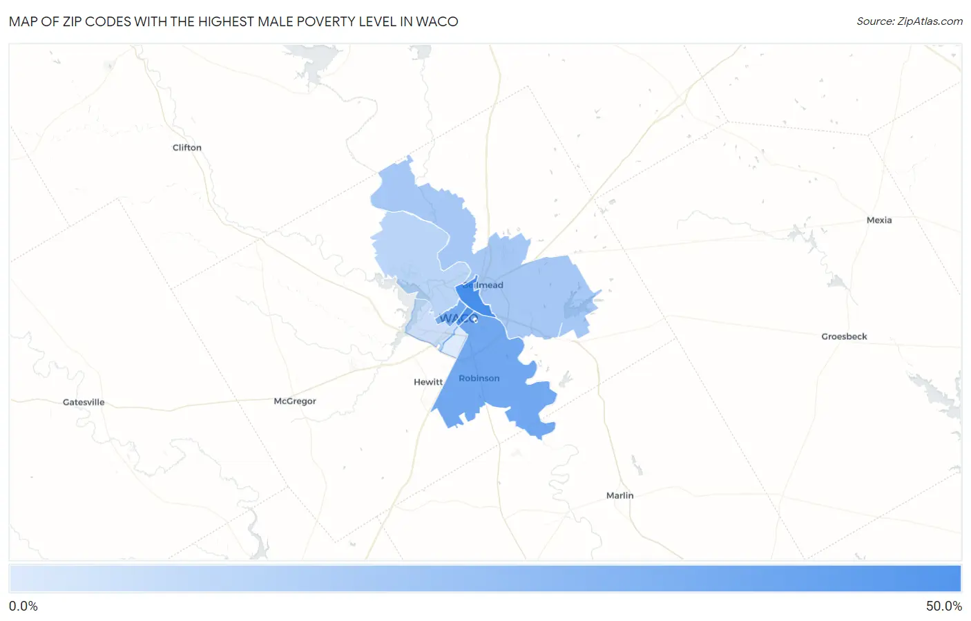 Zip Codes with the Highest Male Poverty Level in Waco Map