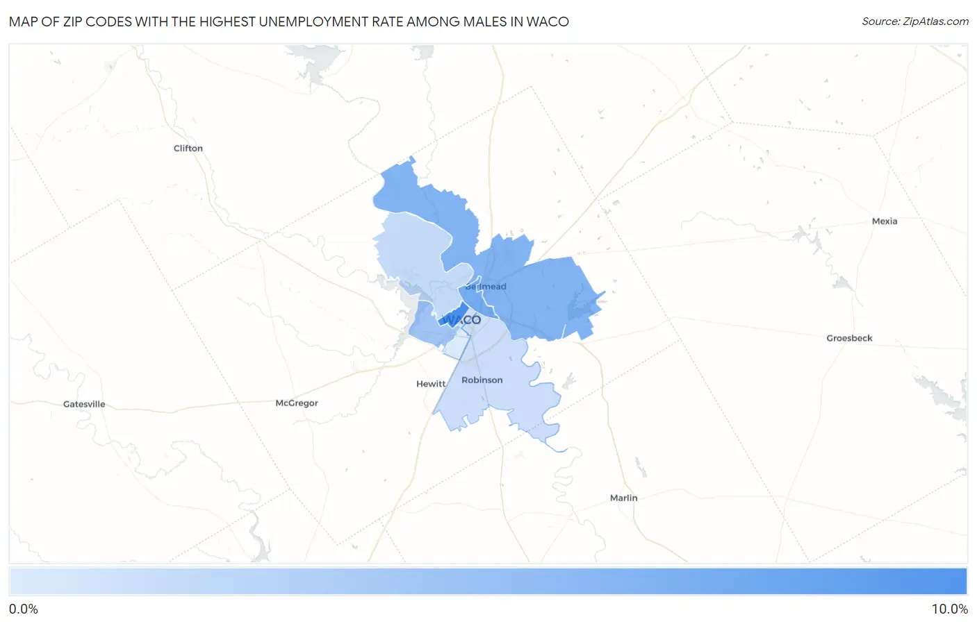 Zip Codes with the Highest Unemployment Rate Among Males in Waco Map