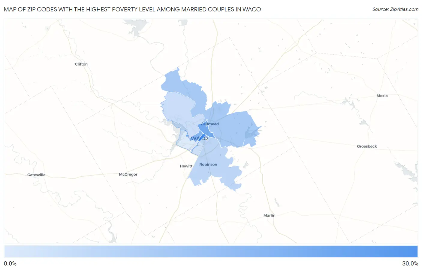 Zip Codes with the Highest Poverty Level Among Married Couples in Waco Map