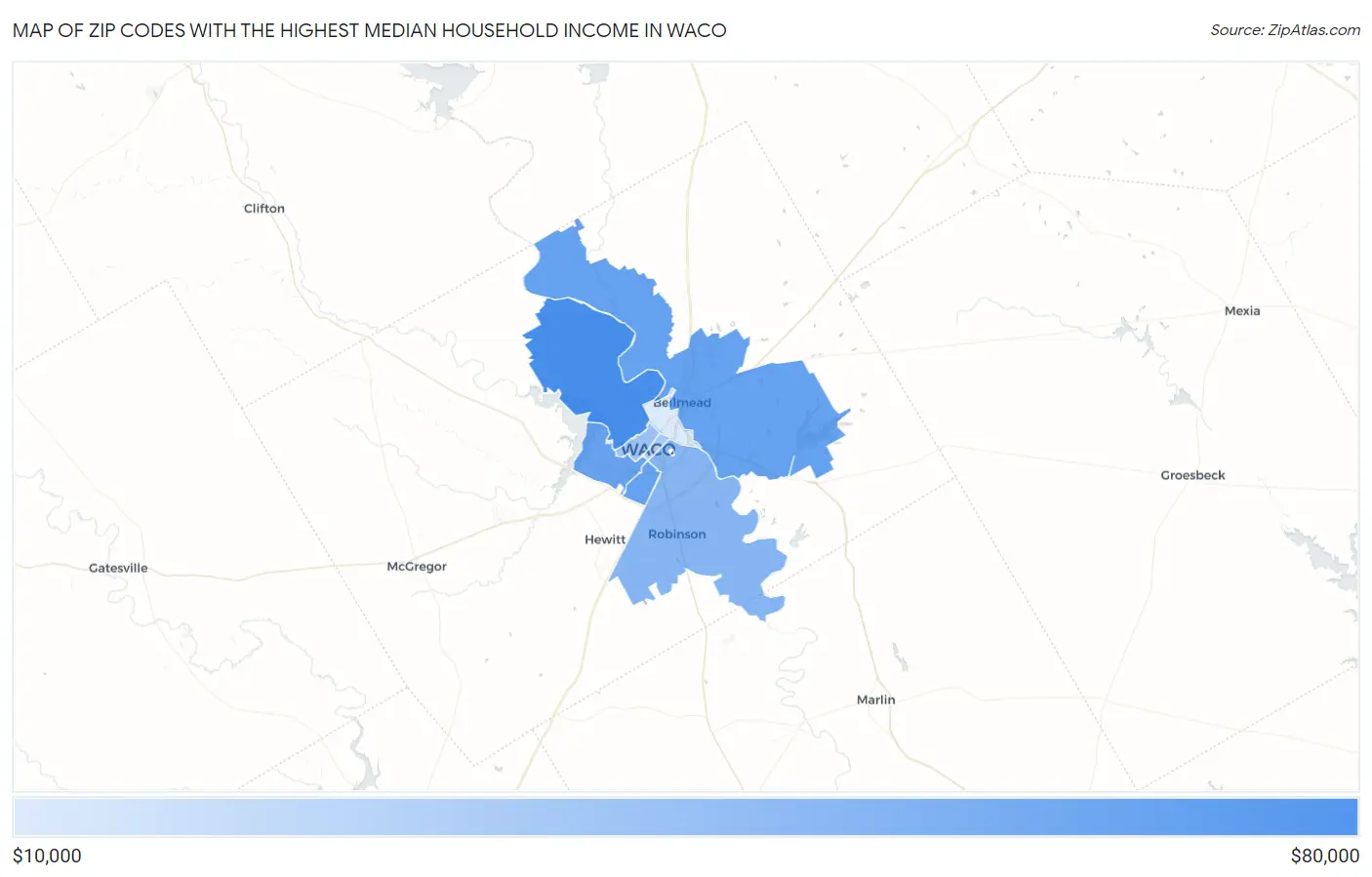 Zip Codes with the Highest Median Household Income in Waco Map