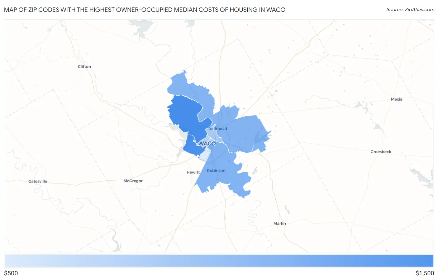 Zip Codes with the Highest Owner-Occupied Median Costs of Housing in Waco Map