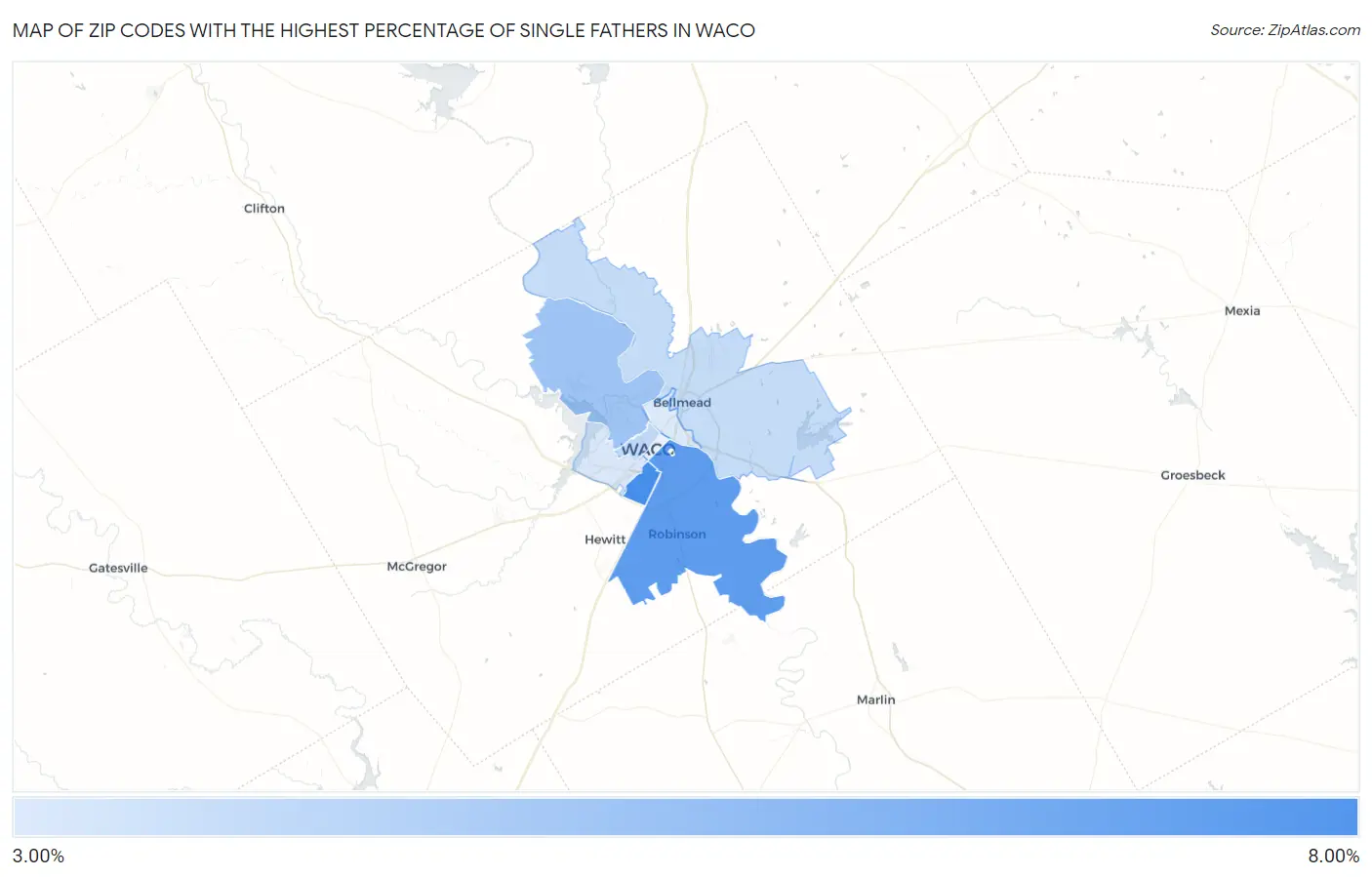 Zip Codes with the Highest Percentage of Single Fathers in Waco Map