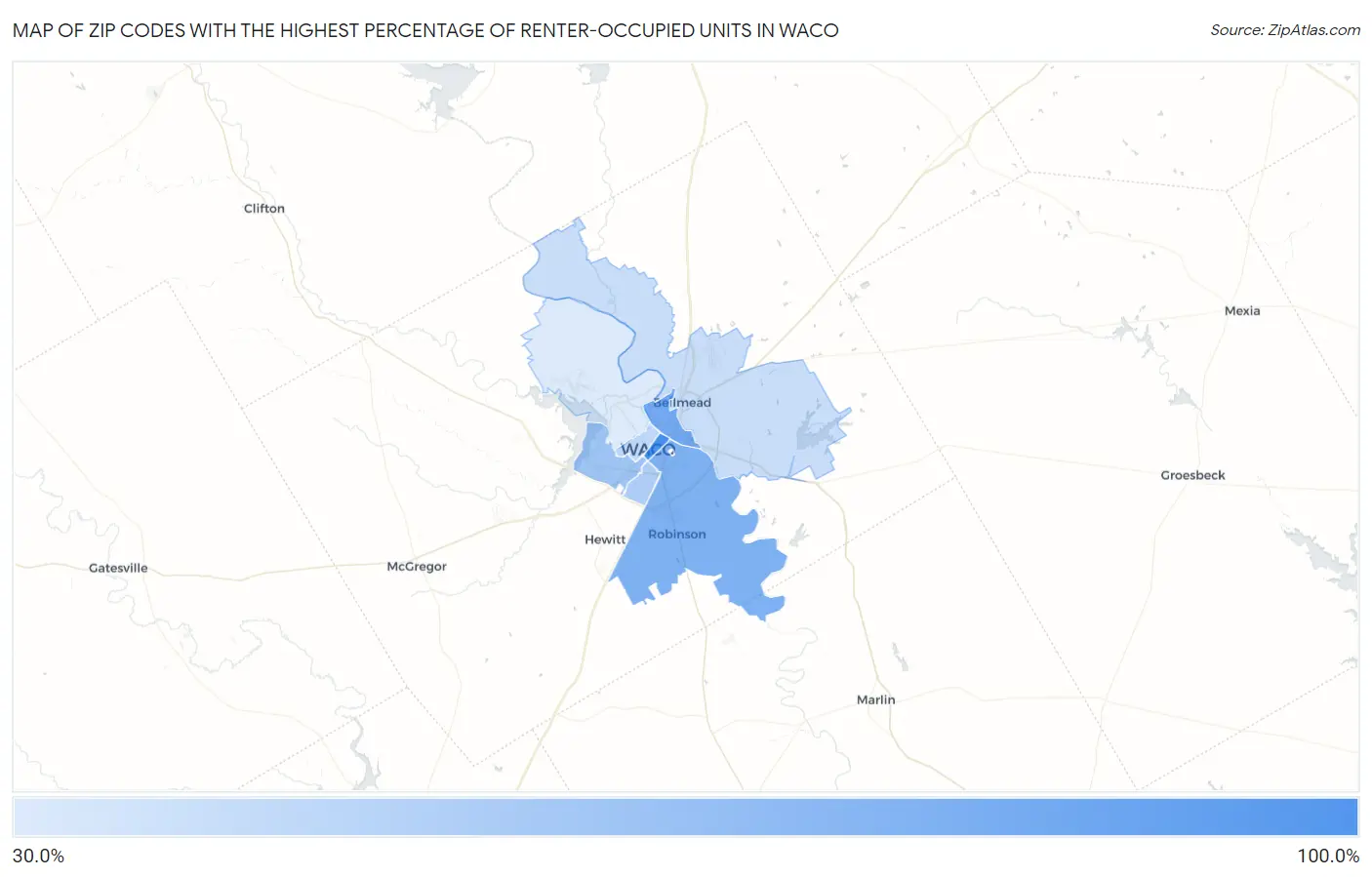Zip Codes with the Highest Percentage of Renter-Occupied Units in Waco Map