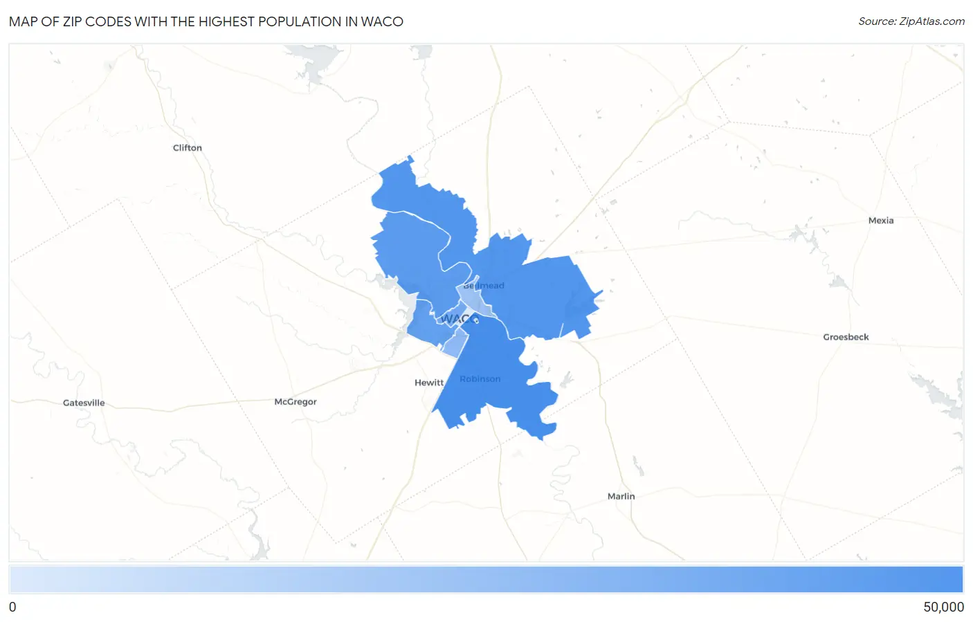 Zip Codes with the Highest Population in Waco Map