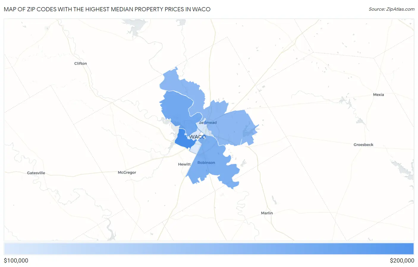 Zip Codes with the Highest Median Property Prices in Waco Map