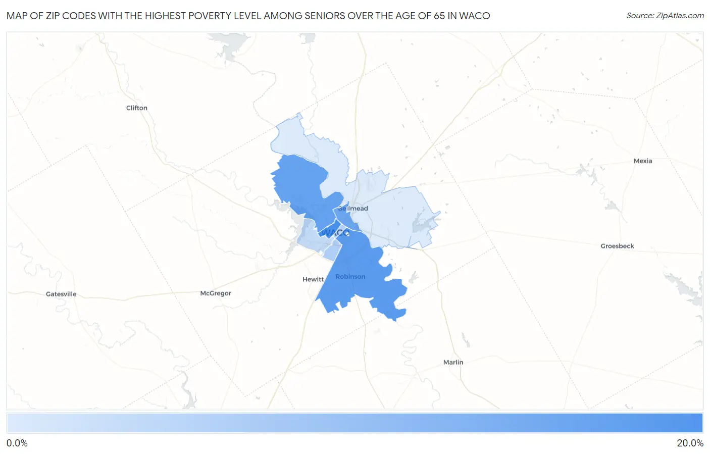 Zip Codes with the Highest Poverty Level Among Seniors Over the Age of 65 in Waco Map