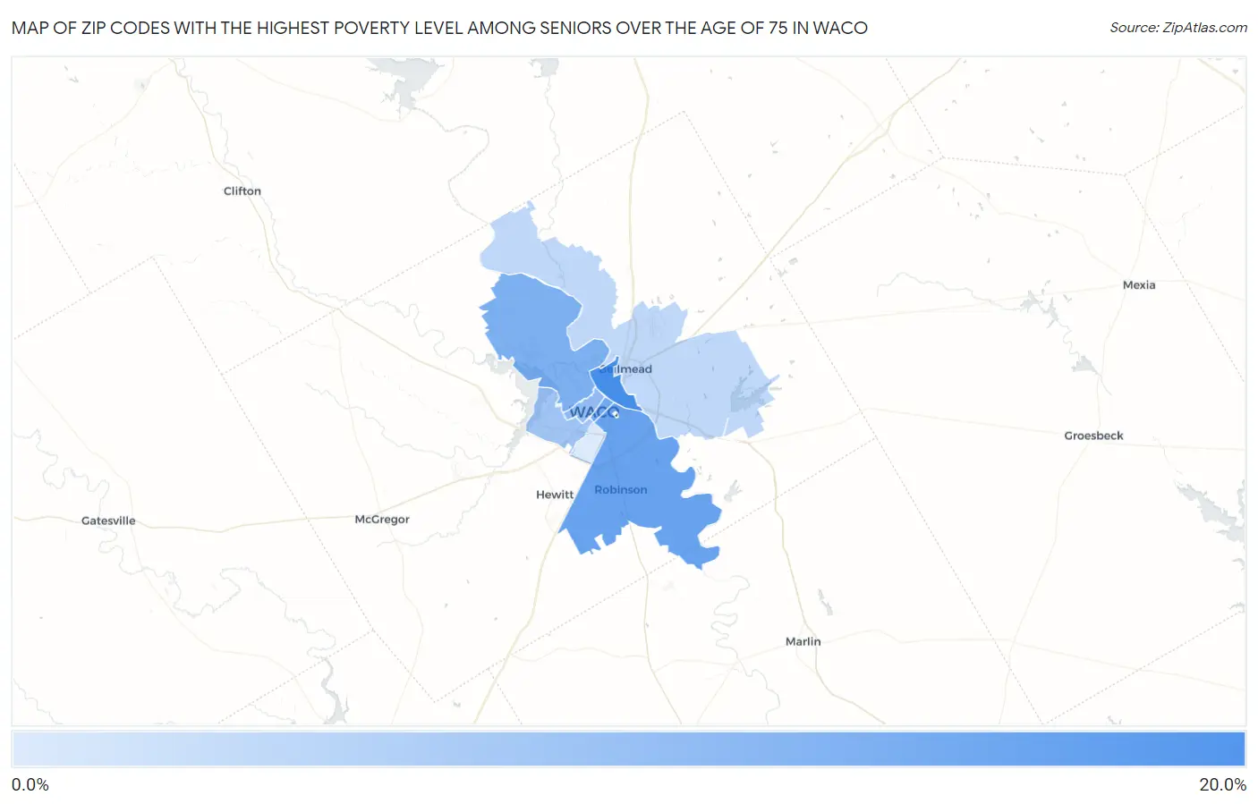 Zip Codes with the Highest Poverty Level Among Seniors Over the Age of 75 in Waco Map